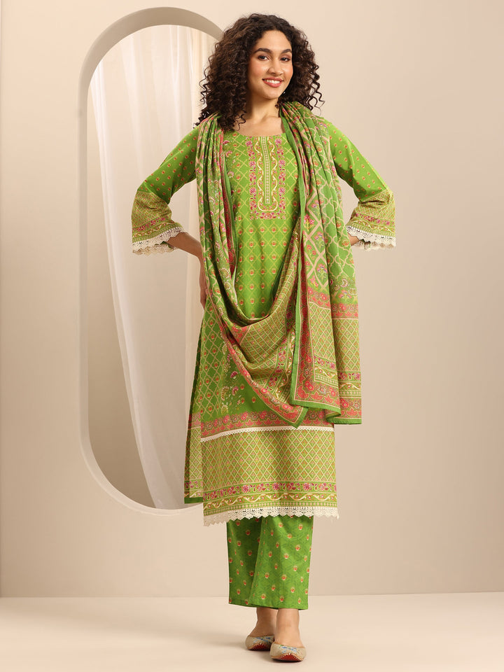 Green Printed Cotton Blend Straight Suit Set With Dupatta