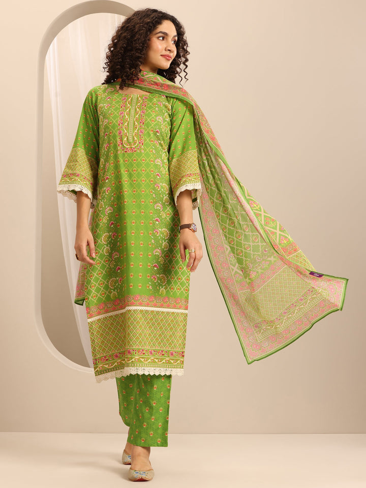 Green Printed Cotton Blend Straight Suit Set With Dupatta