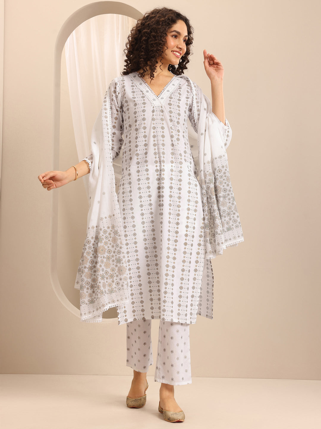 White Printed Cotton Blend Straight Suit Set With Dupatta