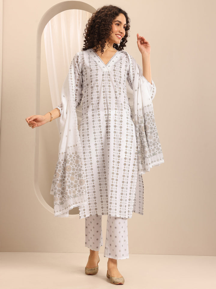 White Printed Cotton Blend Straight Suit Set With Dupatta