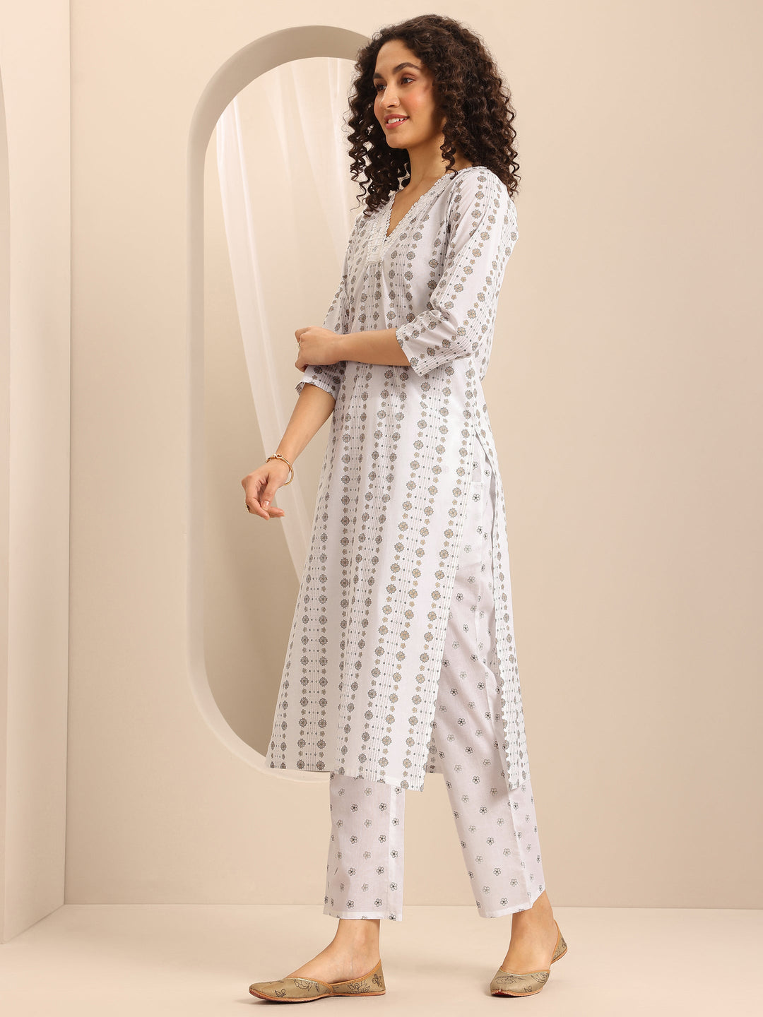 White Printed Cotton Blend Straight Suit Set With Dupatta