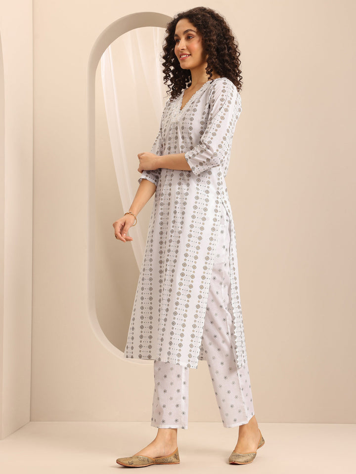 White Printed Cotton Blend Straight Suit Set With Dupatta