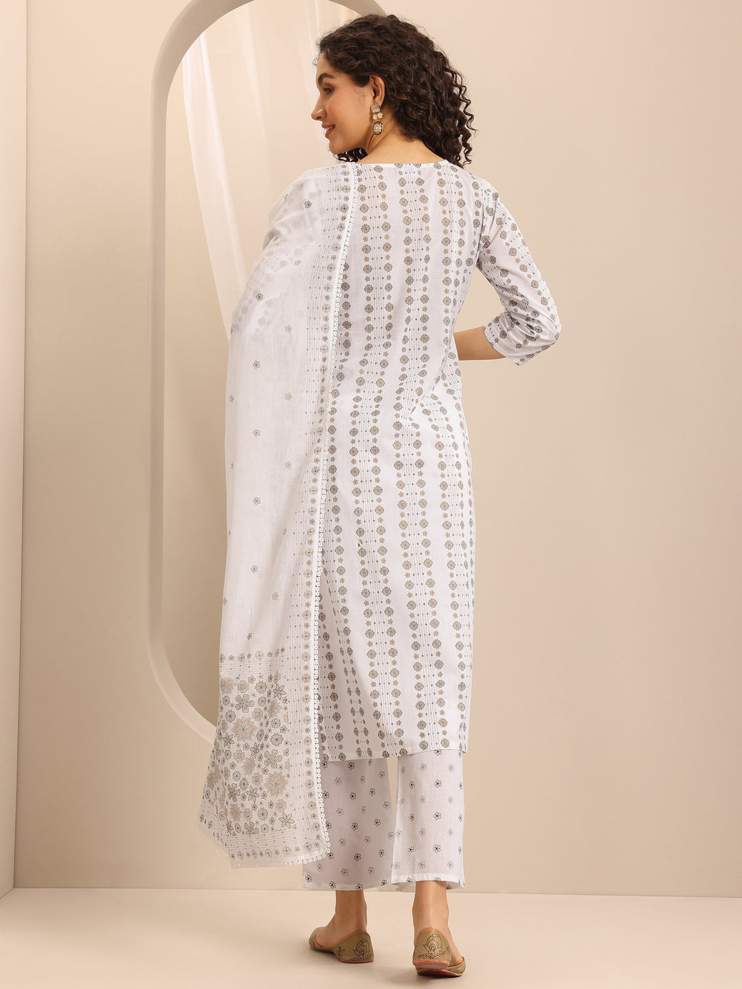 White Printed Cotton Blend Straight Suit Set With Dupatta