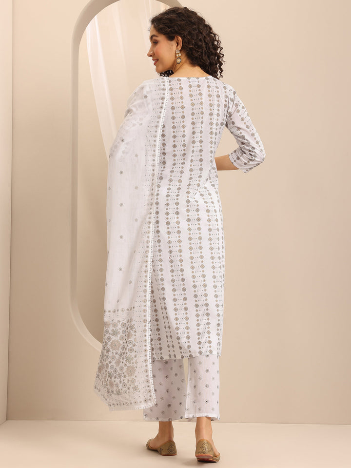White Printed Cotton Blend Straight Suit Set With Dupatta