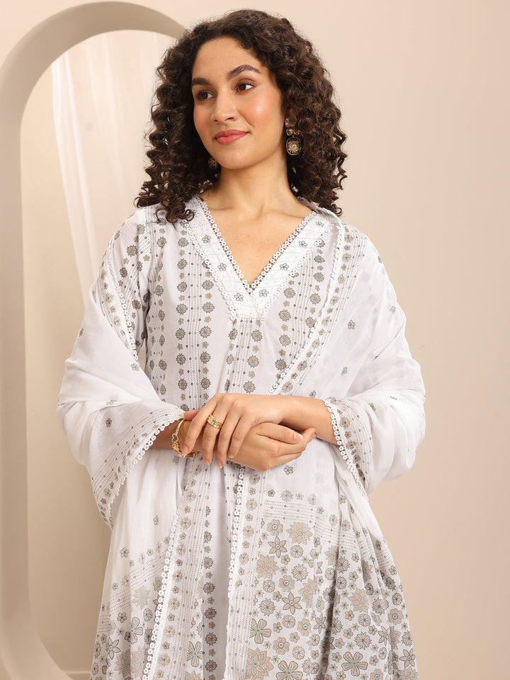 White Printed Cotton Blend Straight Suit Set With Dupatta