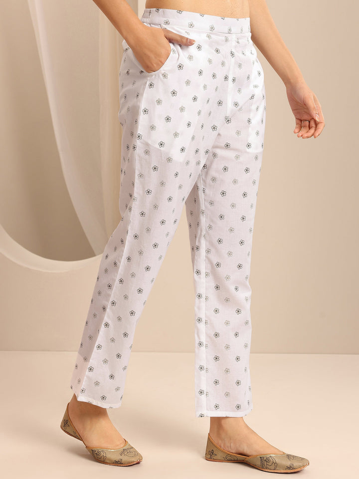 White Printed Cotton Blend Straight Suit Set With Dupatta