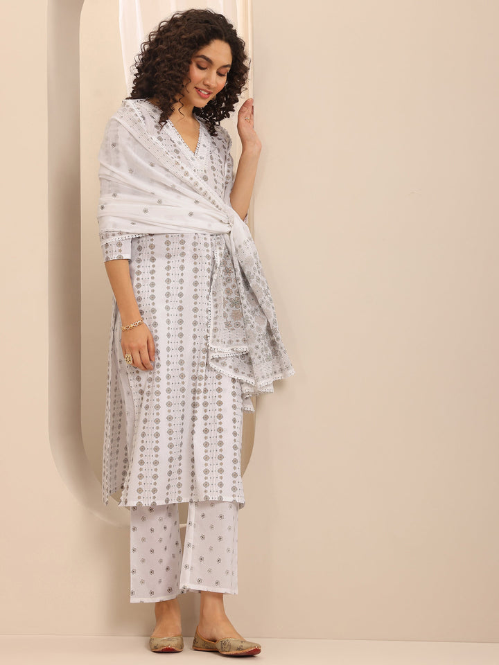 White Printed Cotton Blend Straight Suit Set With Dupatta