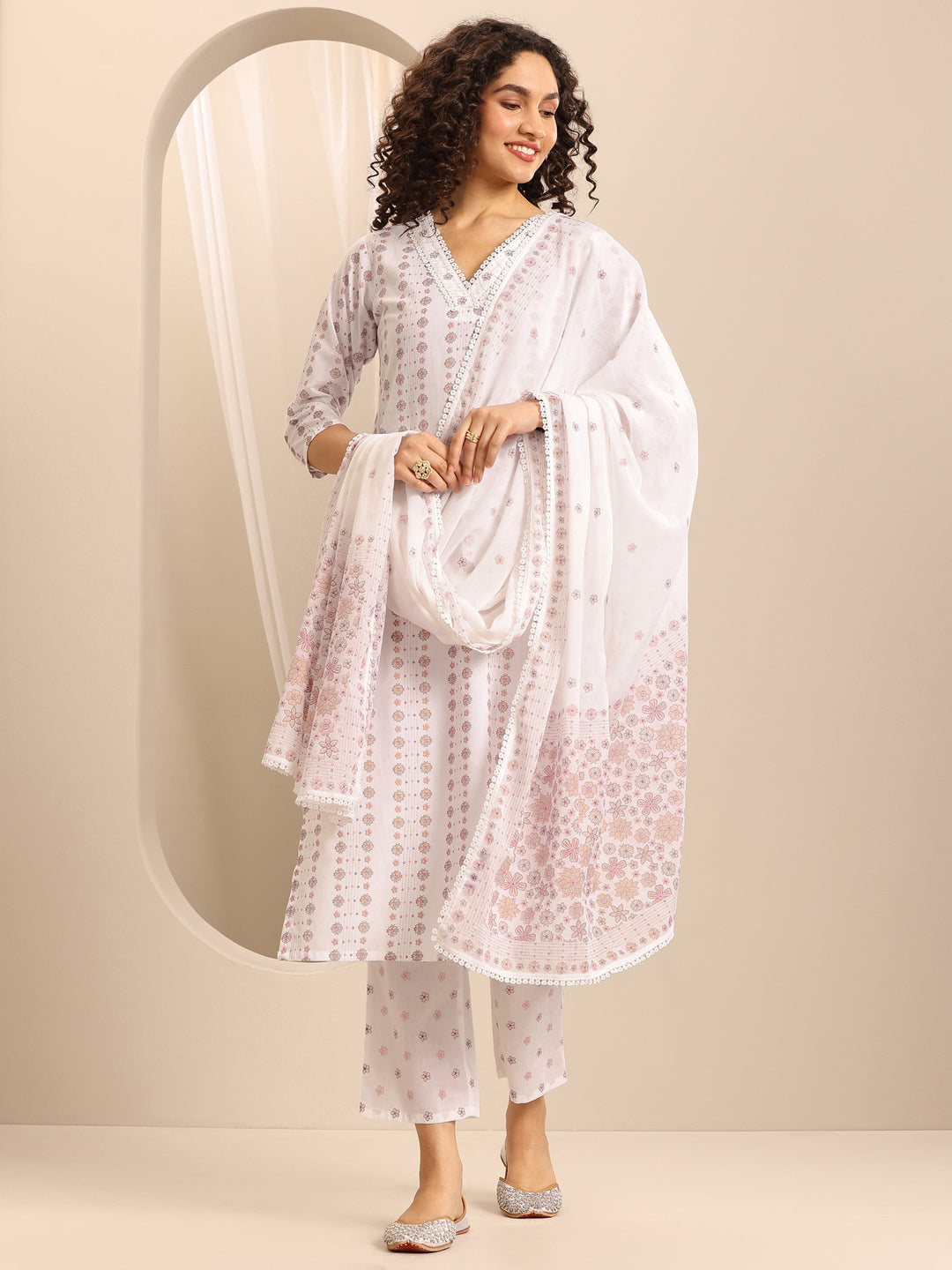 White Printed Cotton Blend Straight Suit Set With Dupatta