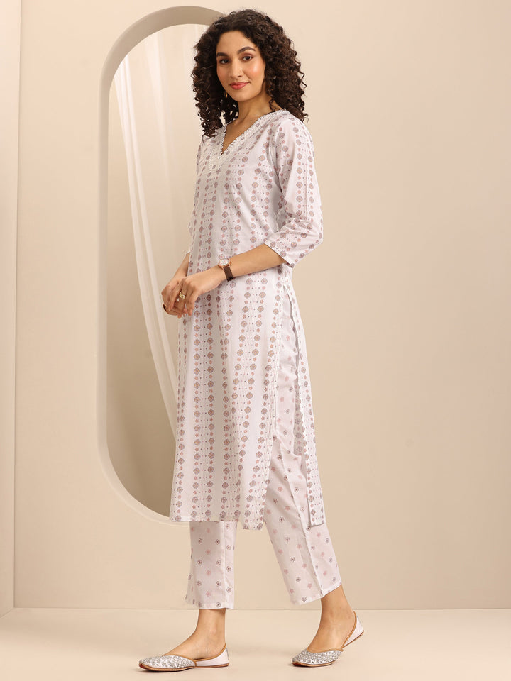 White Printed Cotton Blend Straight Suit Set With Dupatta