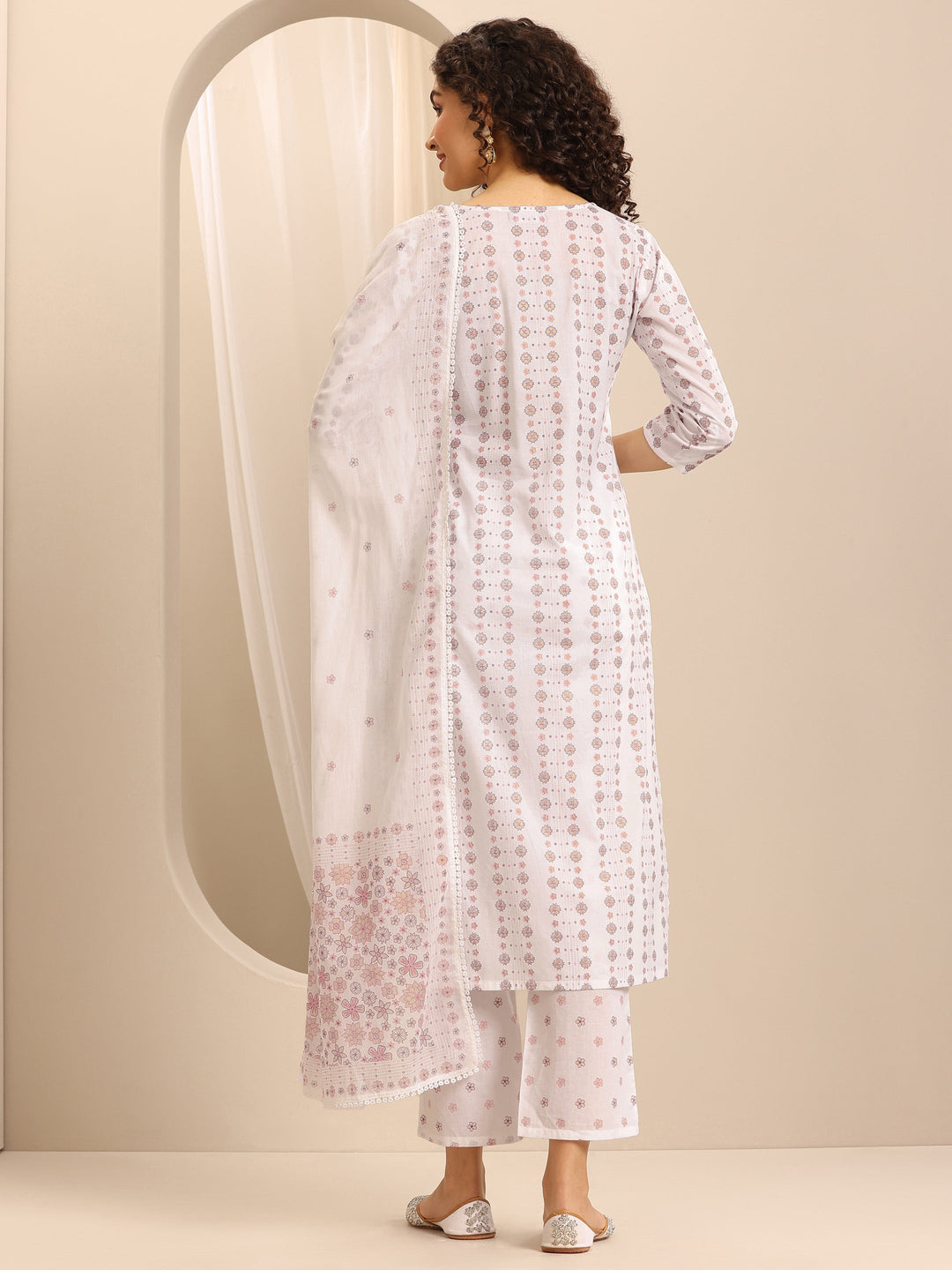 White Printed Cotton Blend Straight Suit Set With Dupatta