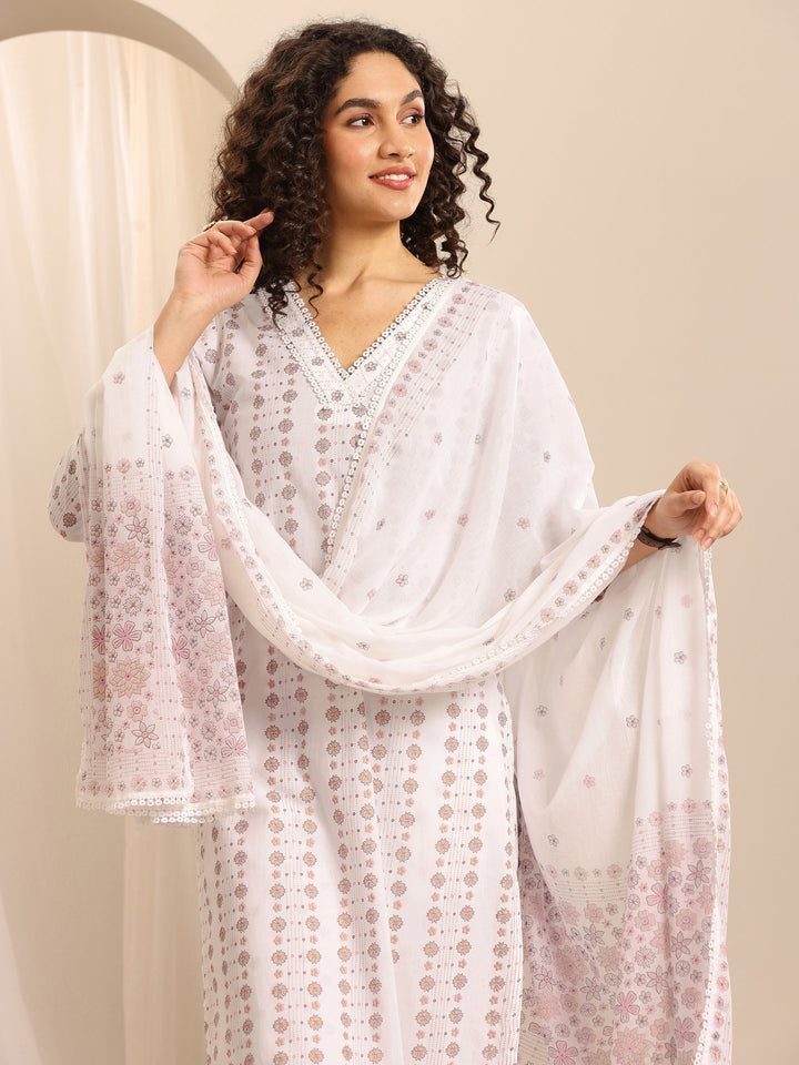 White Printed Cotton Blend Straight Suit Set With Dupatta