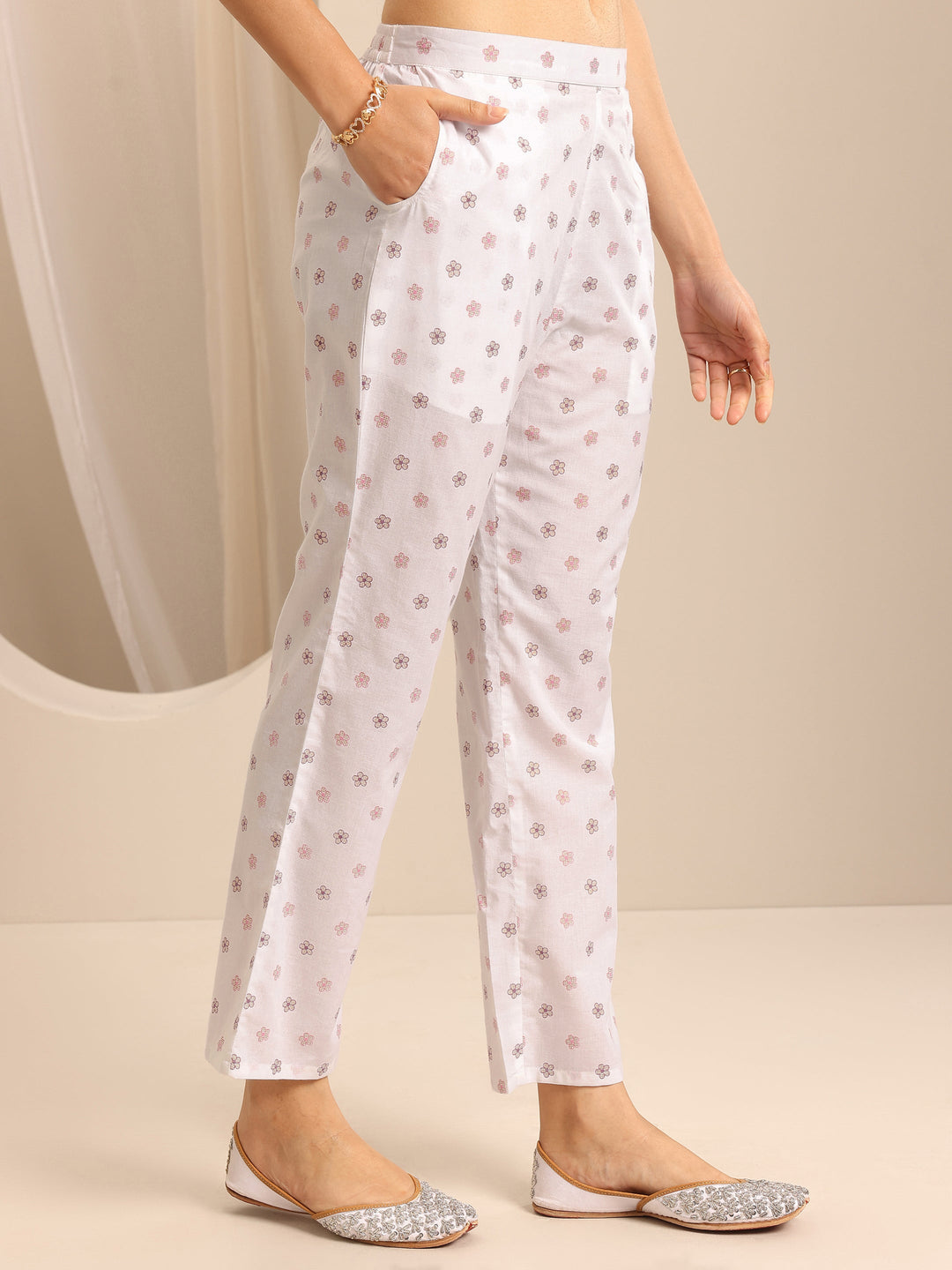 White Printed Cotton Blend Straight Suit Set With Dupatta