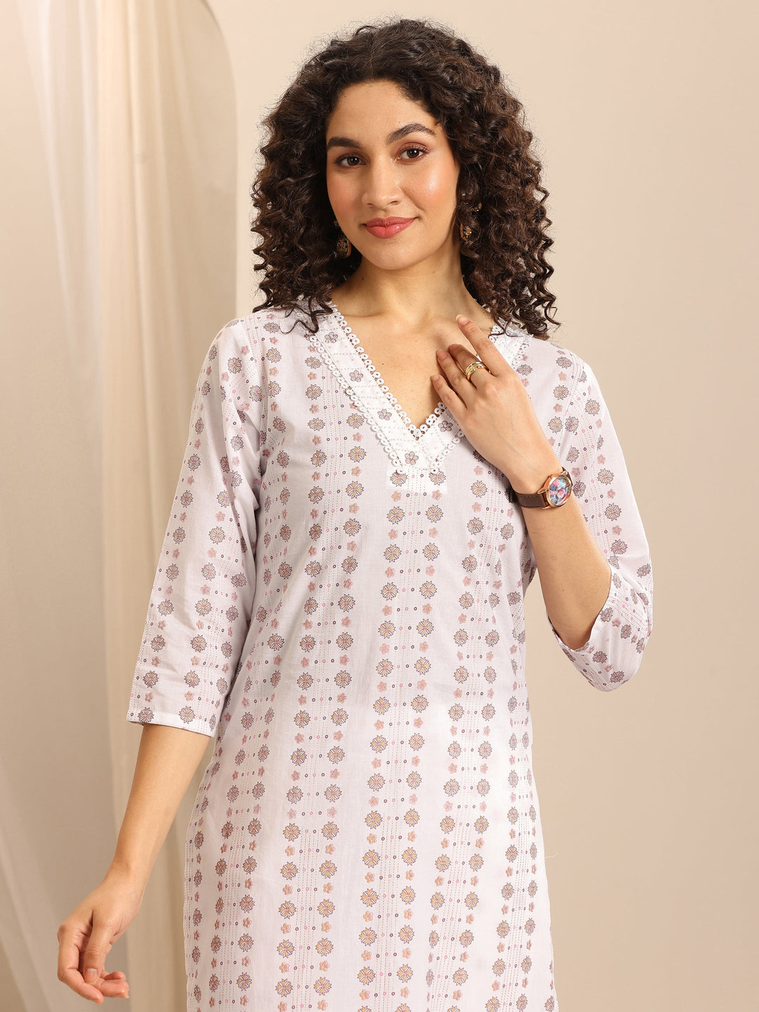 White Printed Cotton Blend Straight Suit Set With Dupatta