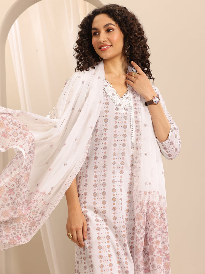 White Printed Cotton Blend Straight Suit Set With Dupatta