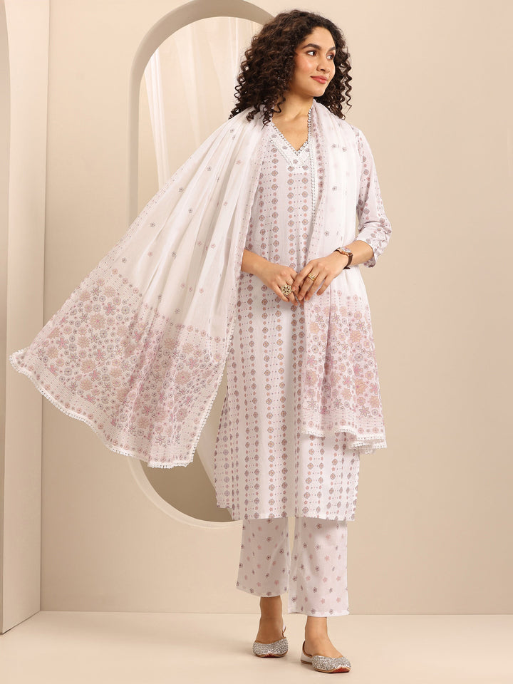 White Printed Cotton Blend Straight Suit Set With Dupatta