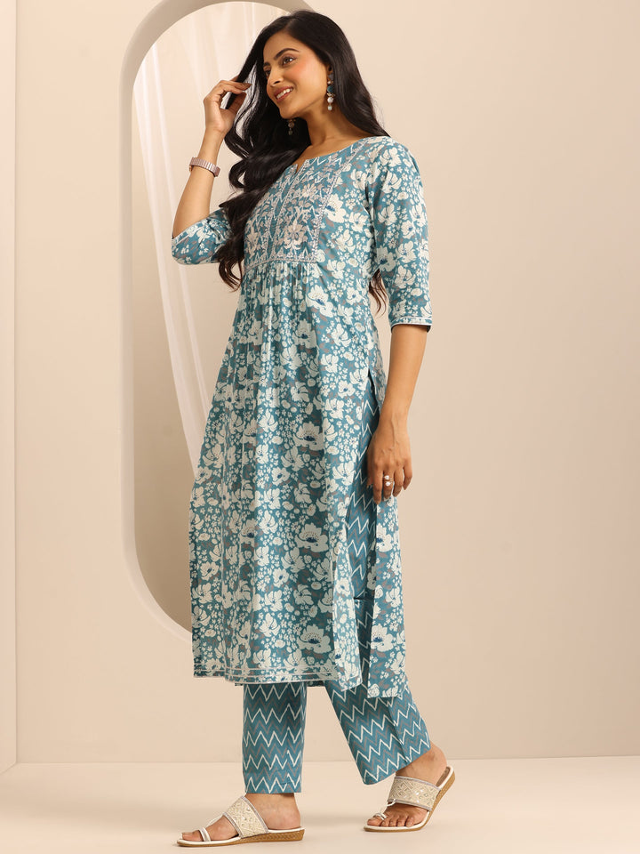 Blue Printed Cotton Blend A-line Suit Set With Dupatta