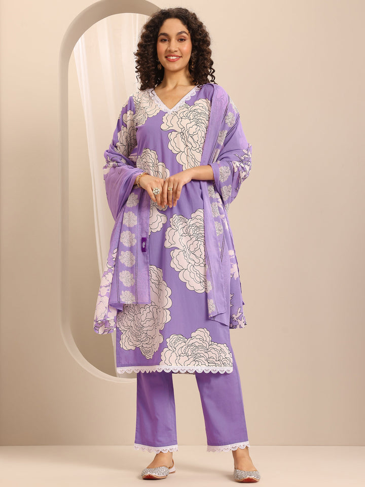 Purple Printed Cotton Blend Straight Suit Set With Dupatta