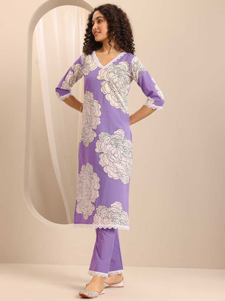 Purple Printed Cotton Blend Straight Suit Set With Dupatta