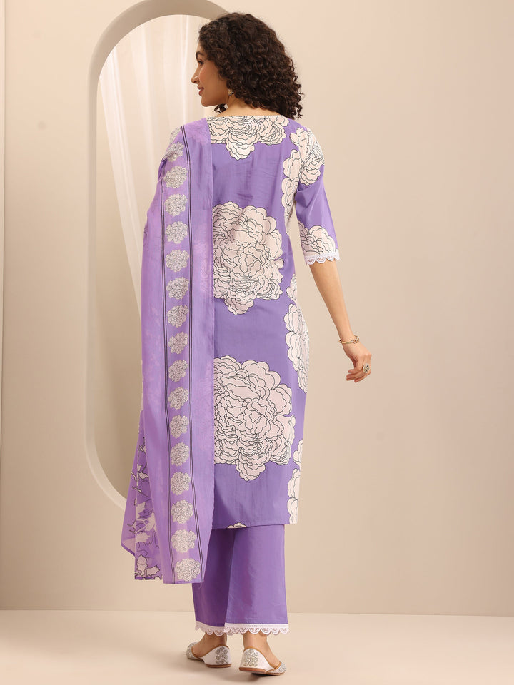 Purple Printed Cotton Blend Straight Suit Set With Dupatta