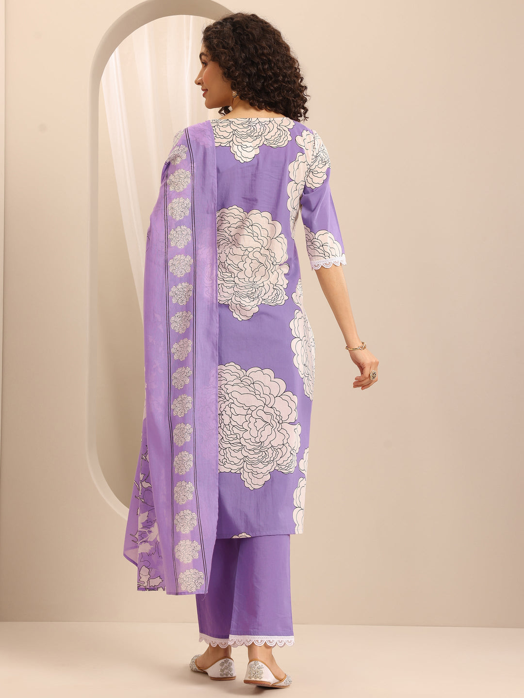 Purple Printed Cotton Blend Straight Suit Set With Dupatta