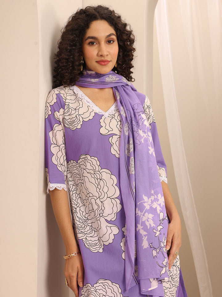 Purple Printed Cotton Blend Straight Suit Set With Dupatta