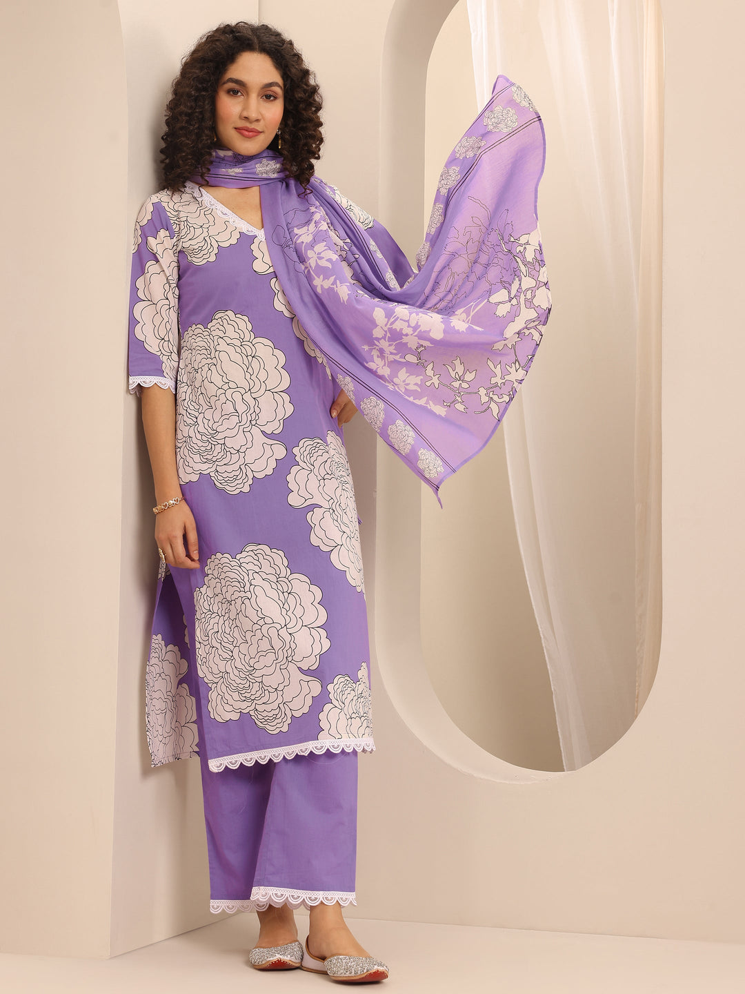 Purple Printed Cotton Blend Straight Suit Set With Dupatta