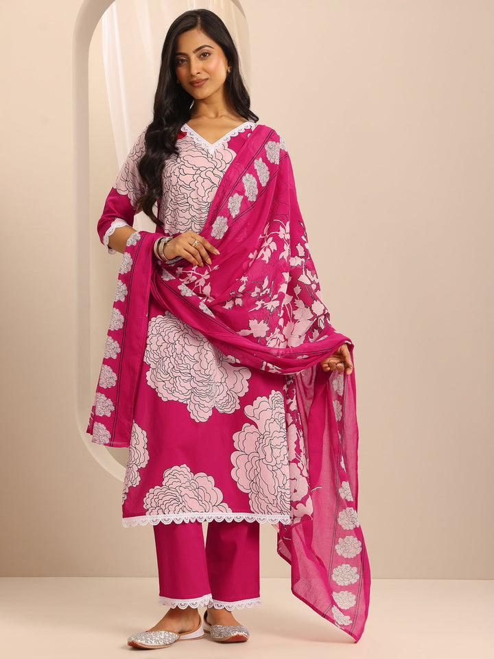 Pink Printed Cotton Blend Straight Suit Set With Dupatta