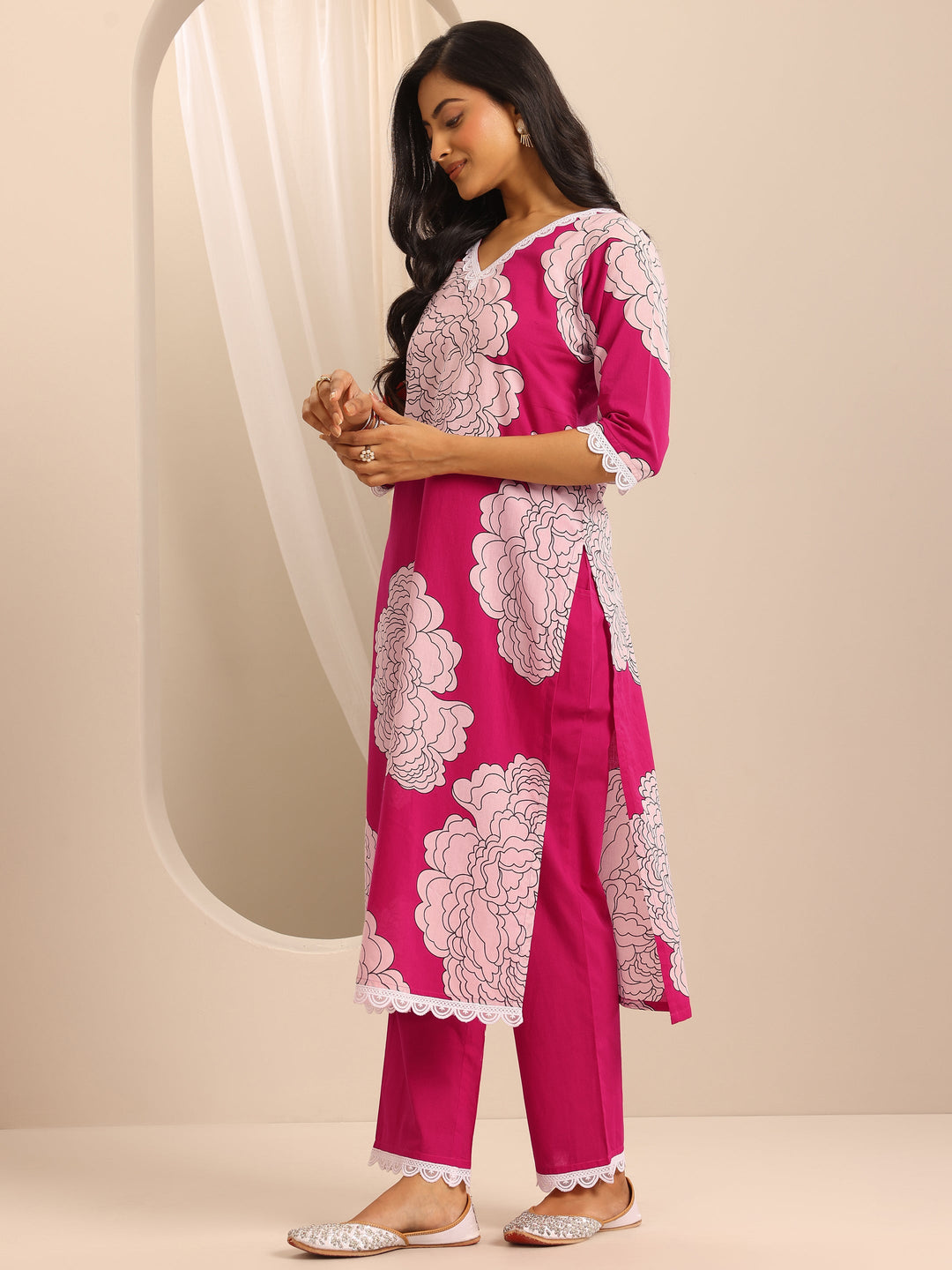 Pink Printed Cotton Blend Straight Suit Set With Dupatta