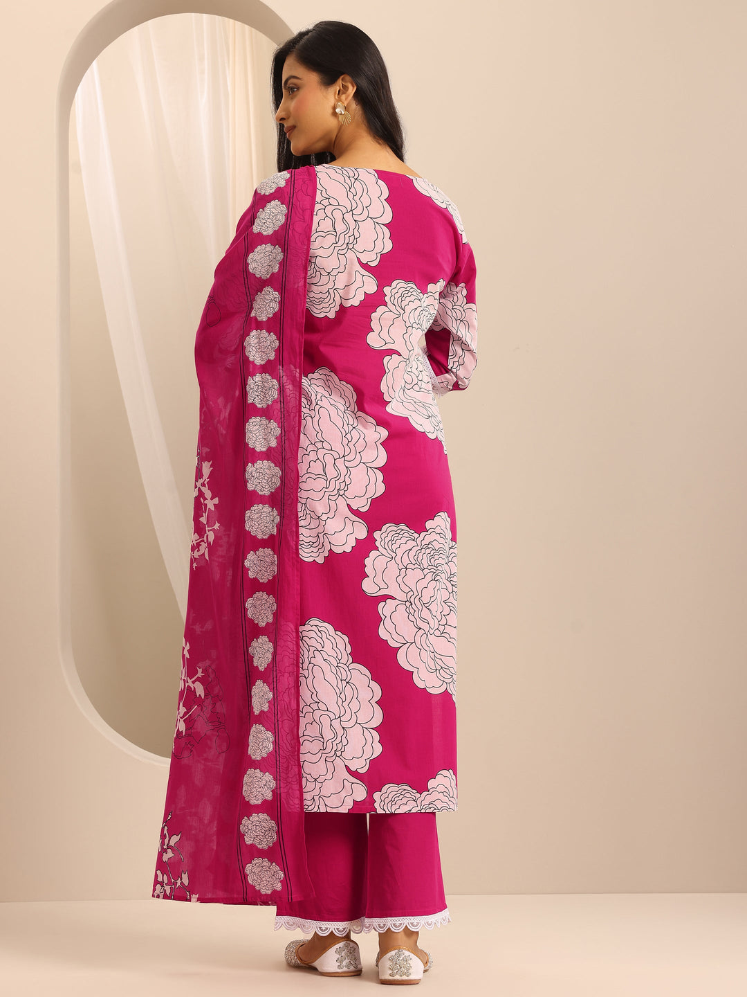 Pink Printed Cotton Blend Straight Suit Set With Dupatta