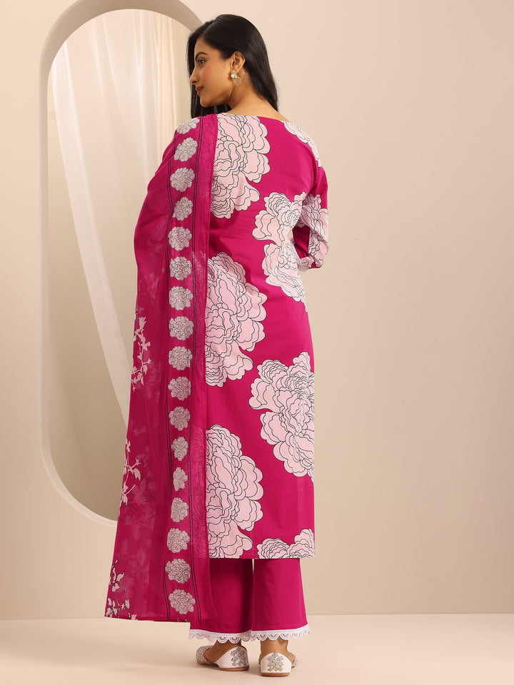 Pink Printed Cotton Blend Straight Suit Set With Dupatta