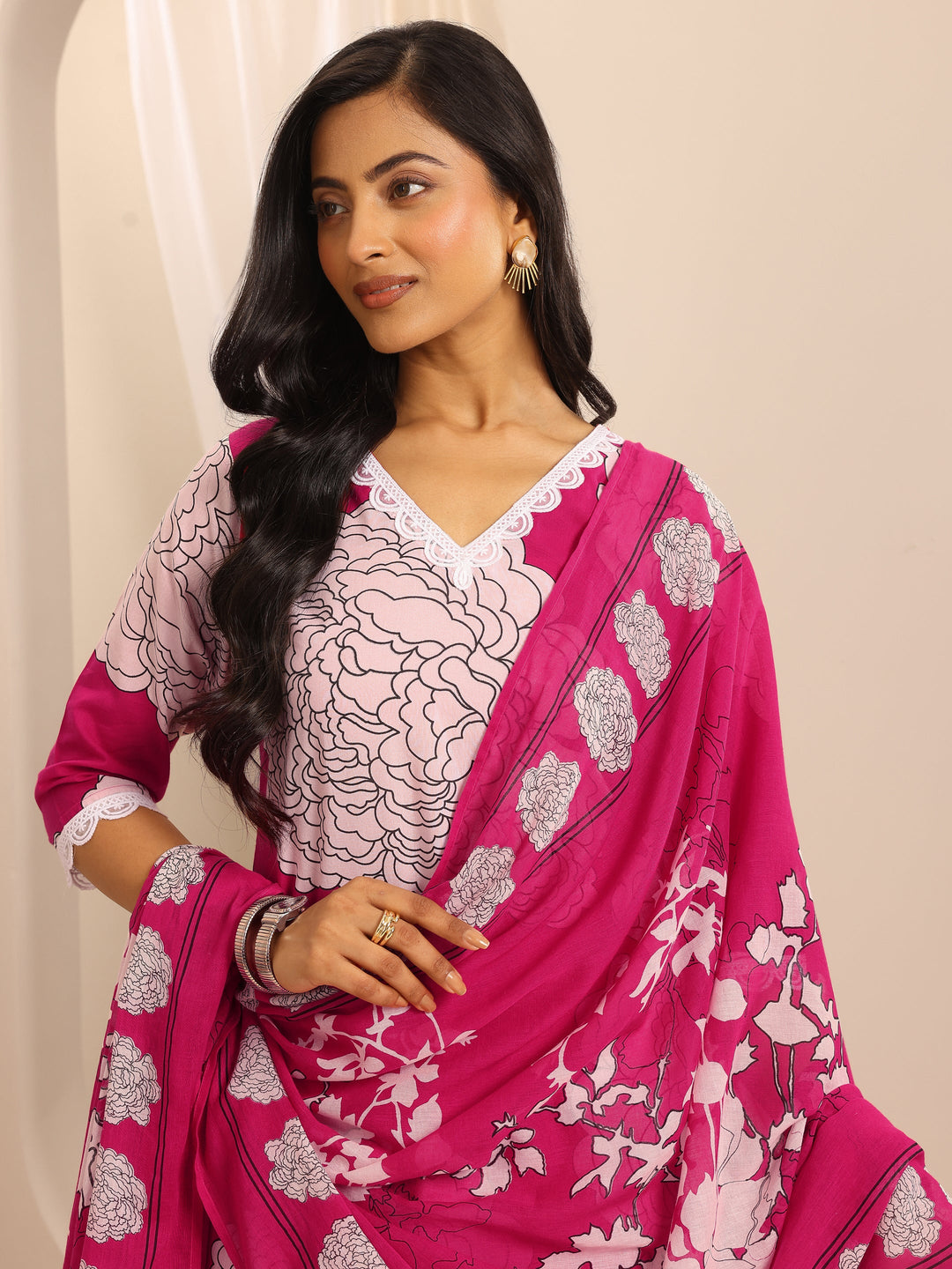 Pink Printed Cotton Blend Straight Suit Set With Dupatta