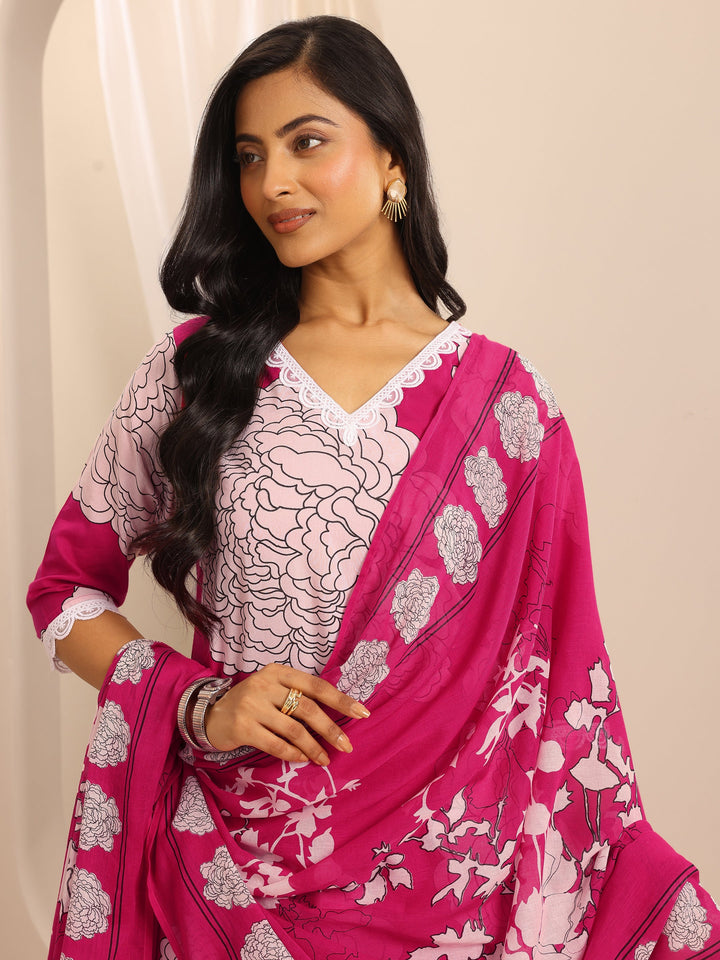 Pink Printed Cotton Blend Straight Suit Set With Dupatta