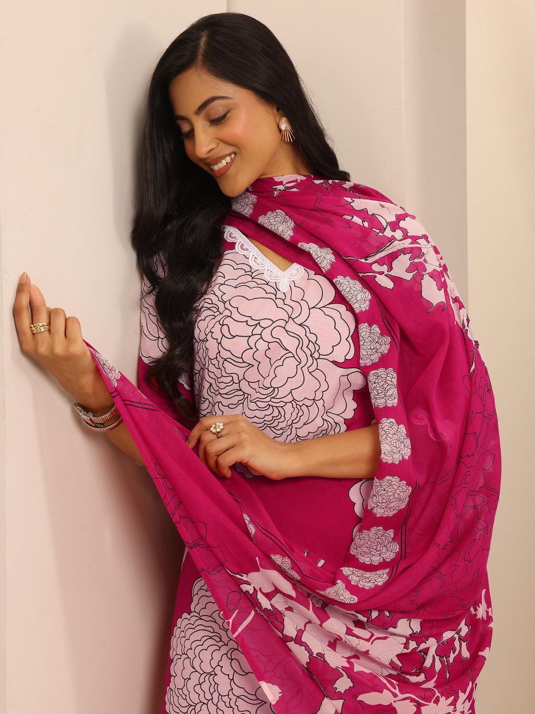 Pink Printed Cotton Blend Straight Suit Set With Dupatta