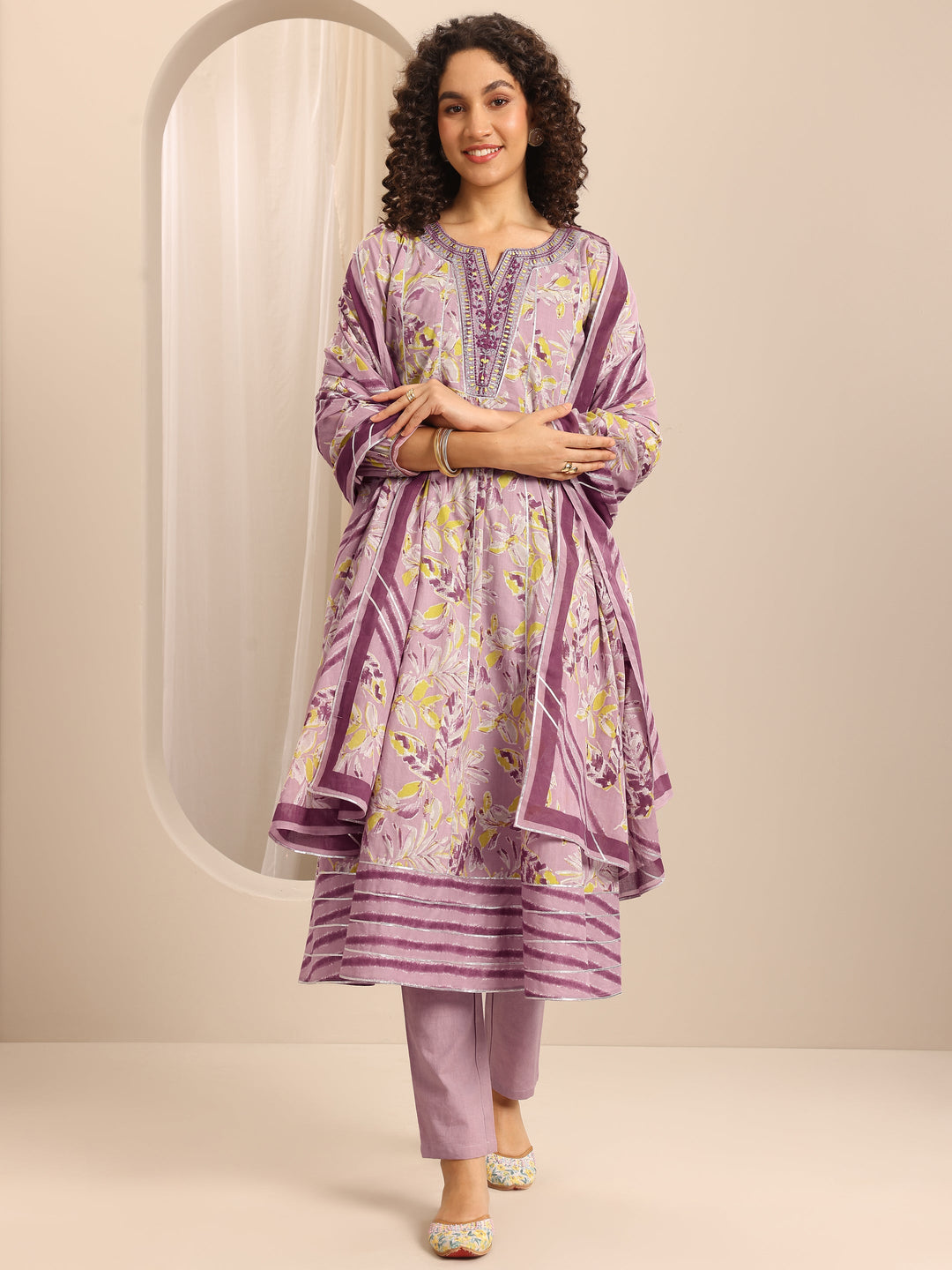 Purple Printed Cotton Blend Anarkali Suit Set With Dupatta