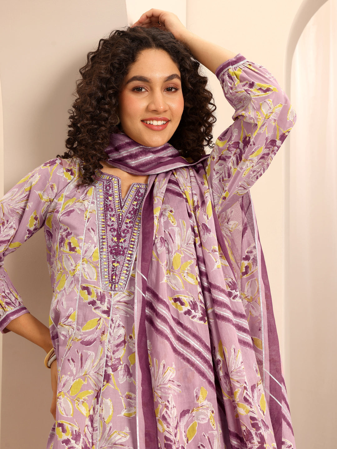 Purple Printed Cotton Blend Anarkali Suit Set With Dupatta