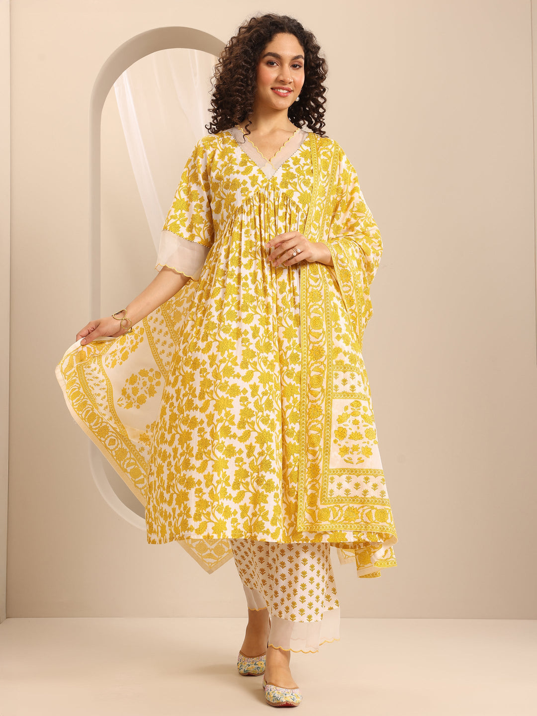 Yellow Printed Cotton Blend Anarkali Suit Set With Dupatta