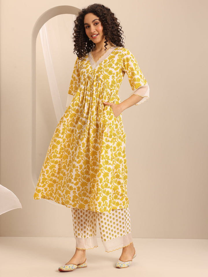 Yellow Printed Cotton Blend Anarkali Suit Set With Dupatta