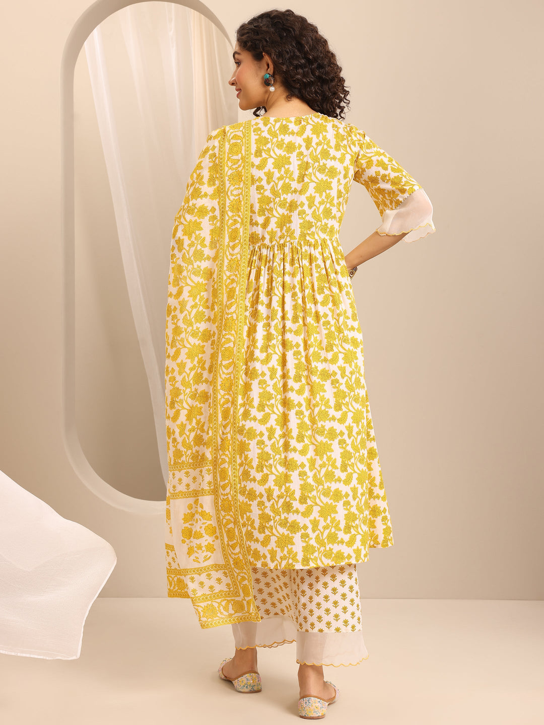 Yellow Printed Cotton Blend Anarkali Suit Set With Dupatta