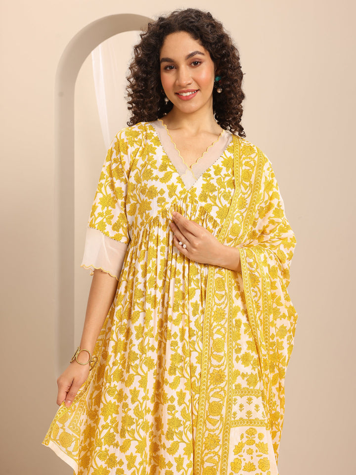 Yellow Printed Cotton Blend Anarkali Suit Set With Dupatta