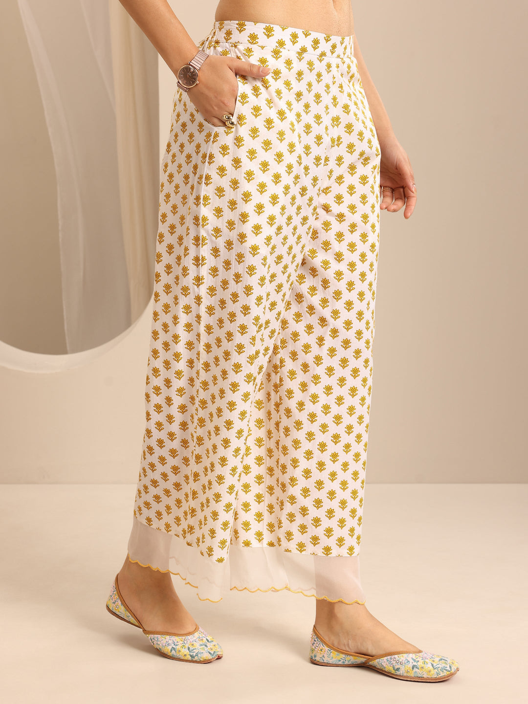 Yellow Printed Cotton Blend Anarkali Suit Set With Dupatta