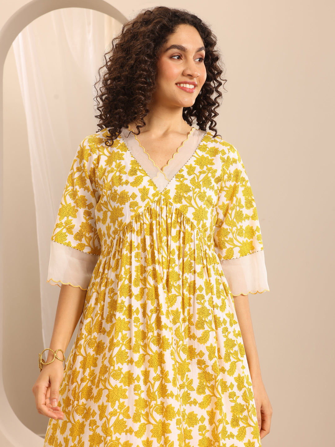 Yellow Printed Cotton Blend Anarkali Suit Set With Dupatta