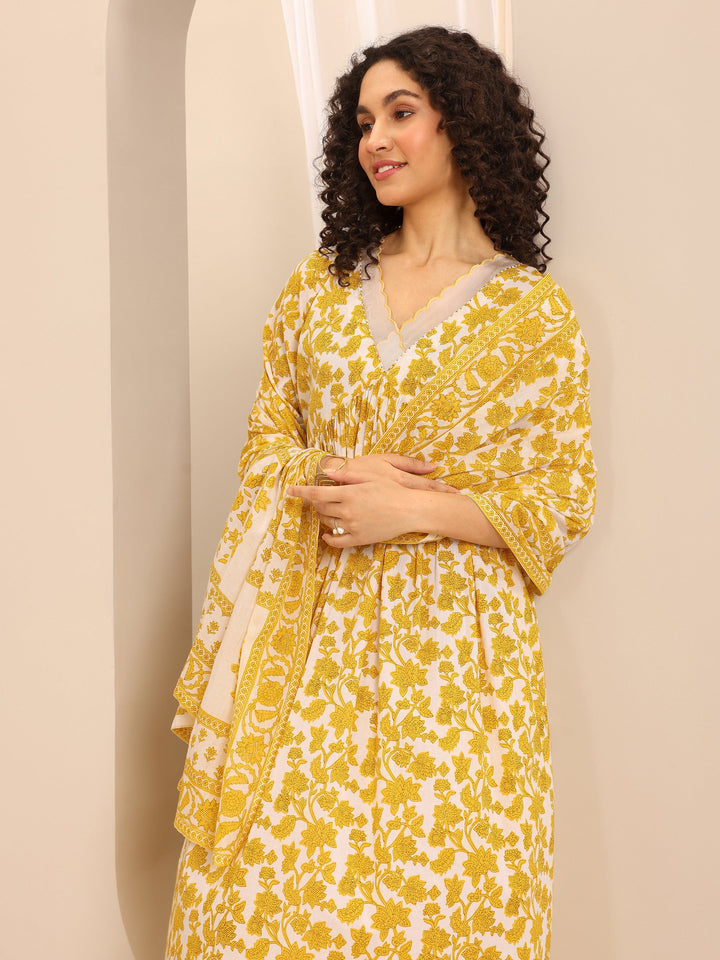 Yellow Printed Cotton Blend Anarkali Suit Set With Dupatta