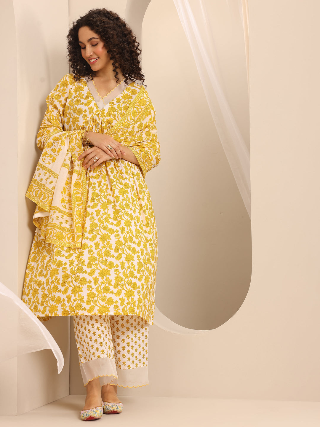 Yellow Printed Cotton Blend Anarkali Suit Set With Dupatta