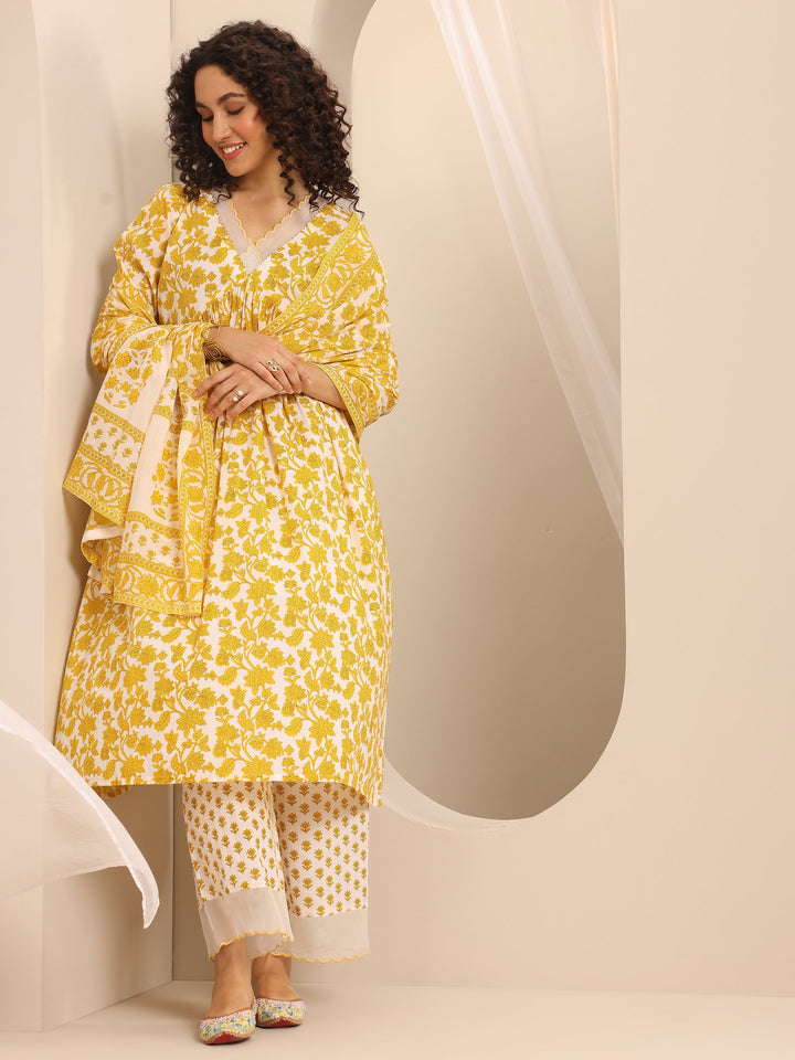 Yellow Printed Cotton Blend Anarkali Suit Set With Dupatta