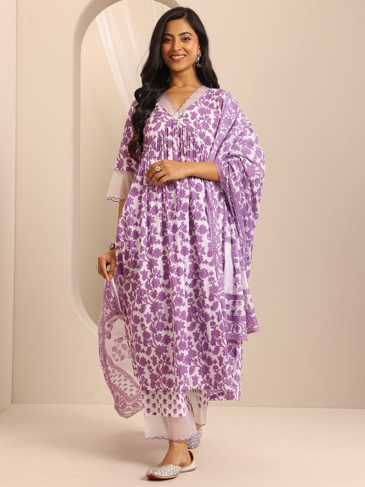 Purple Printed Cotton Blend Anarkali Suit Set With Dupatta