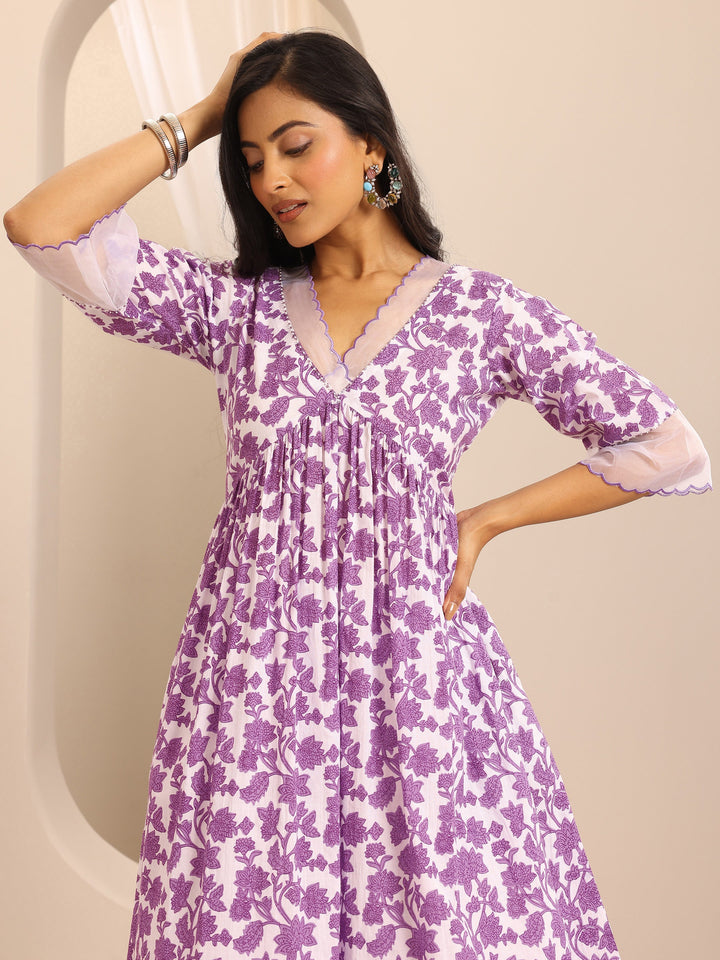 Purple Printed Cotton Blend Anarkali Suit Set With Dupatta