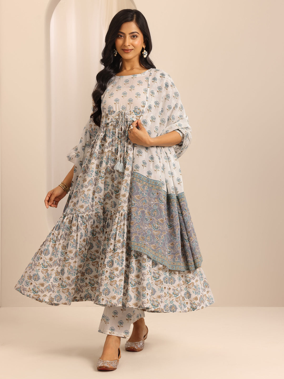 White Printed Cotton Blend Anarkali Suit Set With Dupatta