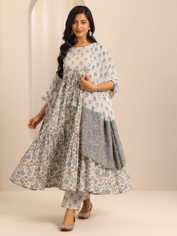 White Printed Cotton Blend Anarkali Suit Set With Dupatta