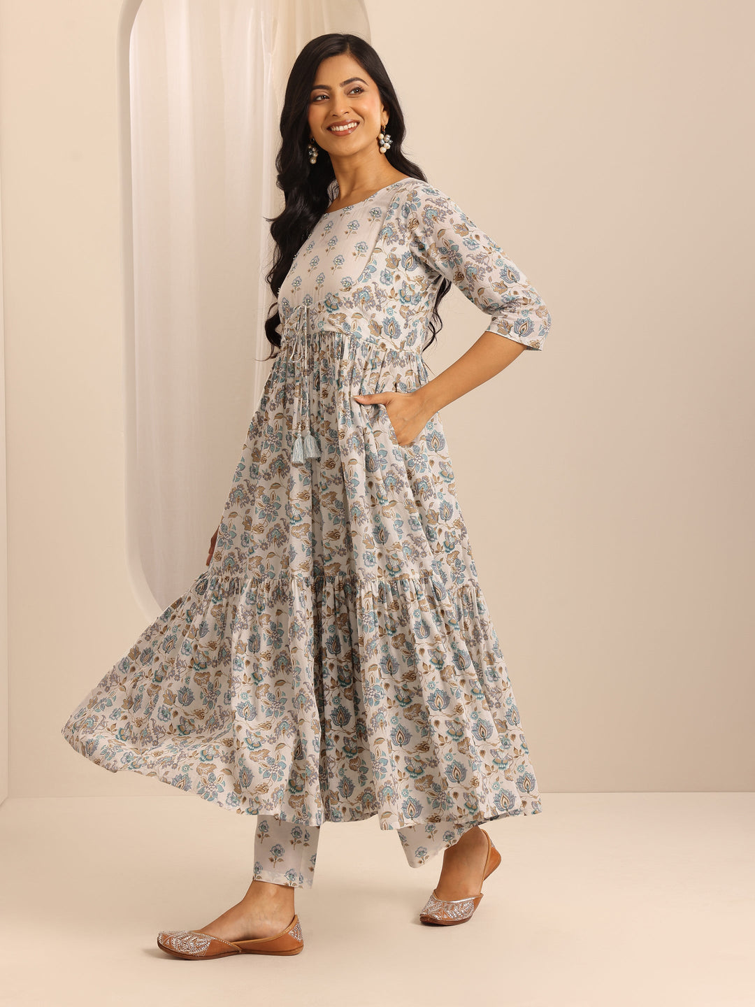 White Printed Cotton Blend Anarkali Suit Set With Dupatta