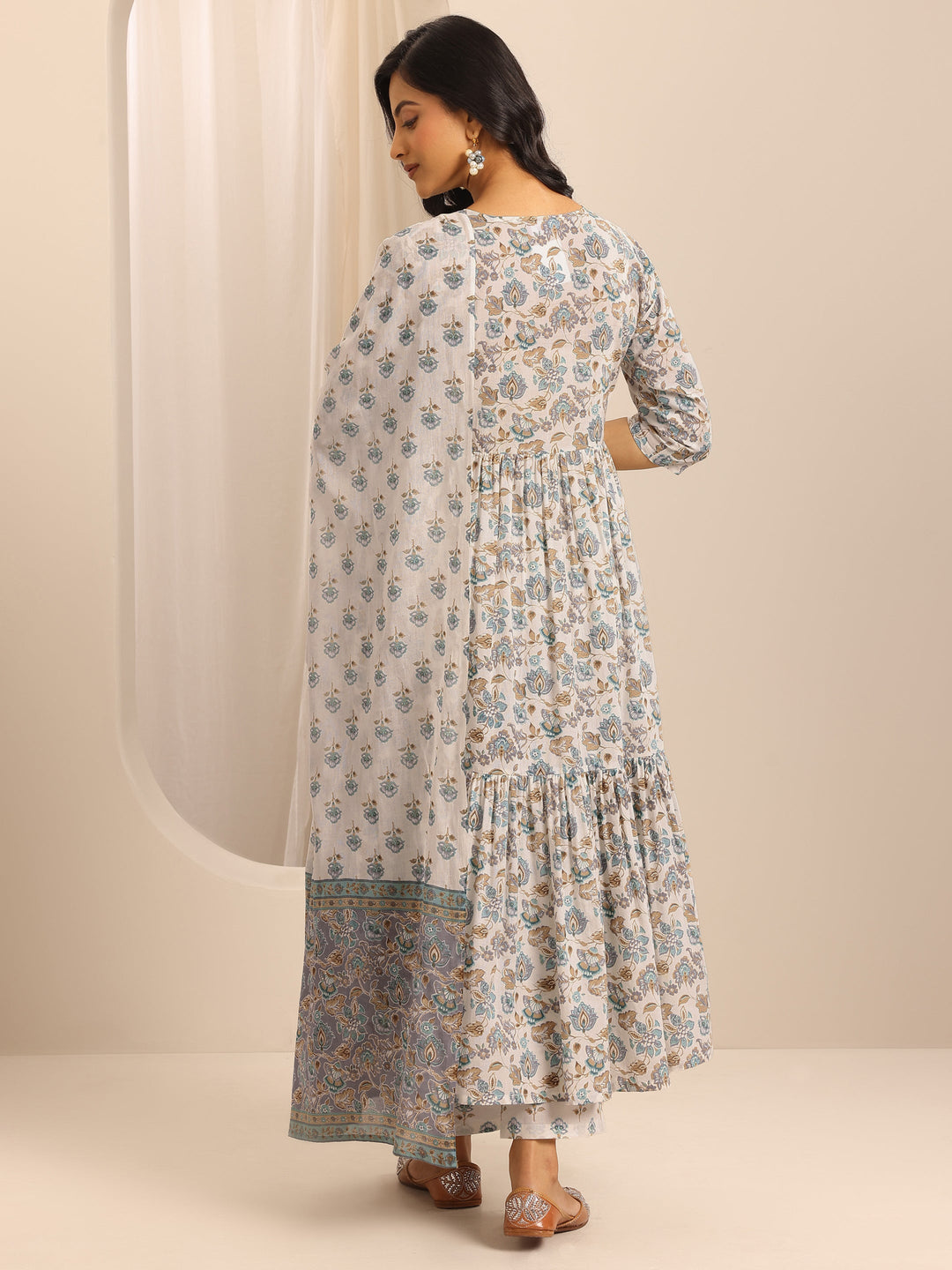 White Printed Cotton Blend Anarkali Suit Set With Dupatta